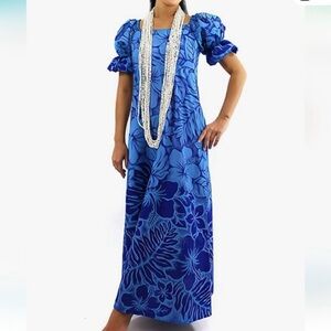 Smart Design Hawaiian Maxi Dress Muumuu Blue Hibiscus Flowers XL EUC